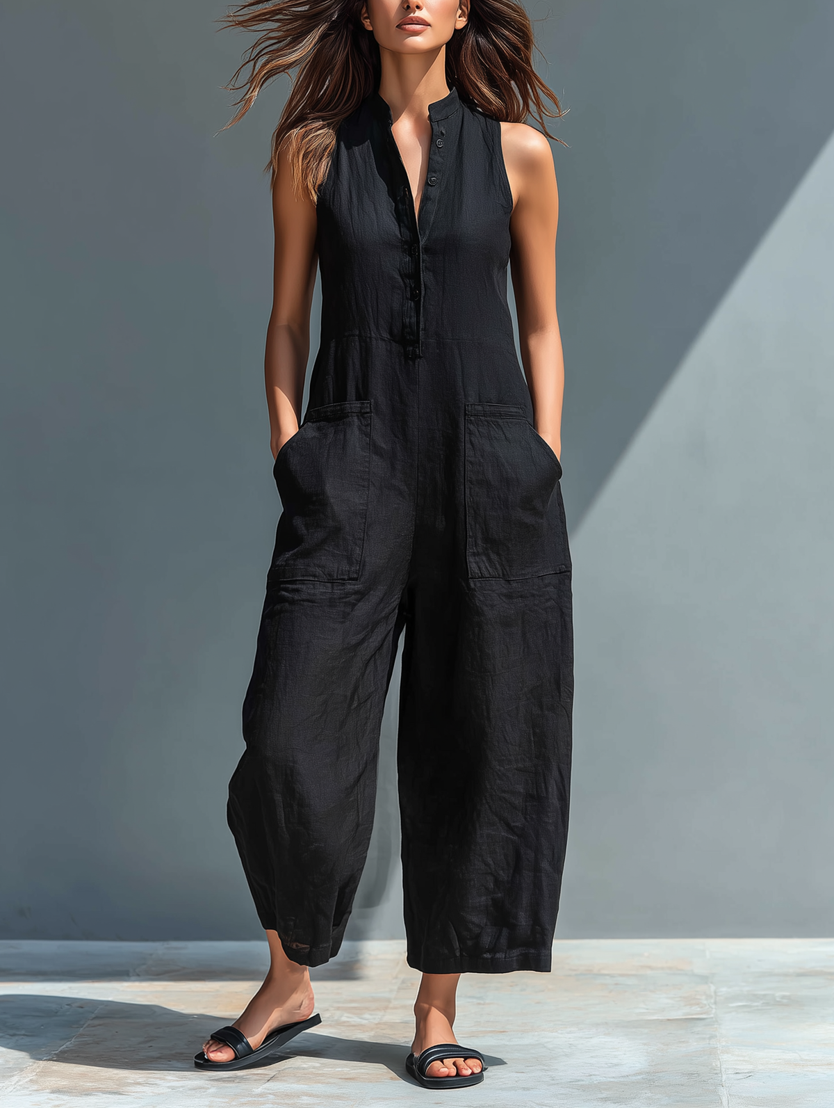 Sleeveless Minimalist Jumpsuit for Women with High Collar and Buttons – Black