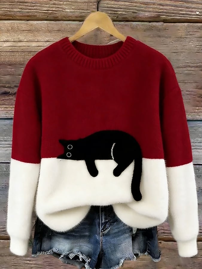 Aileen | Elegant Cat Print Oversized Sweater – Red