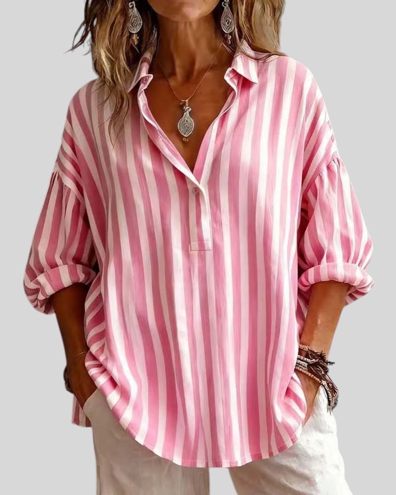 Nora | Loose Striped Blouse with Collar – Pink