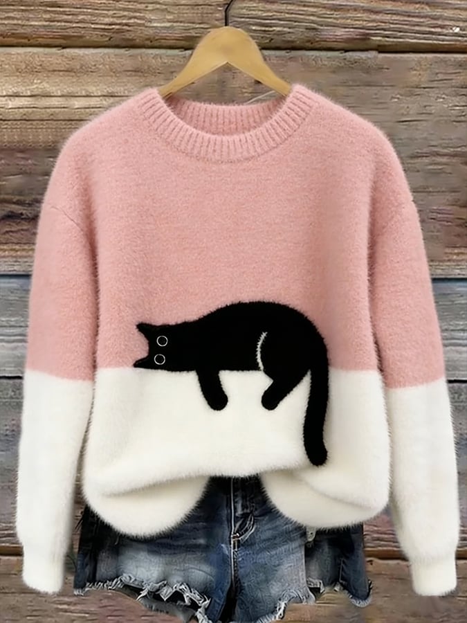 Aileen | Elegant Cat Print Oversized Sweater – Pink