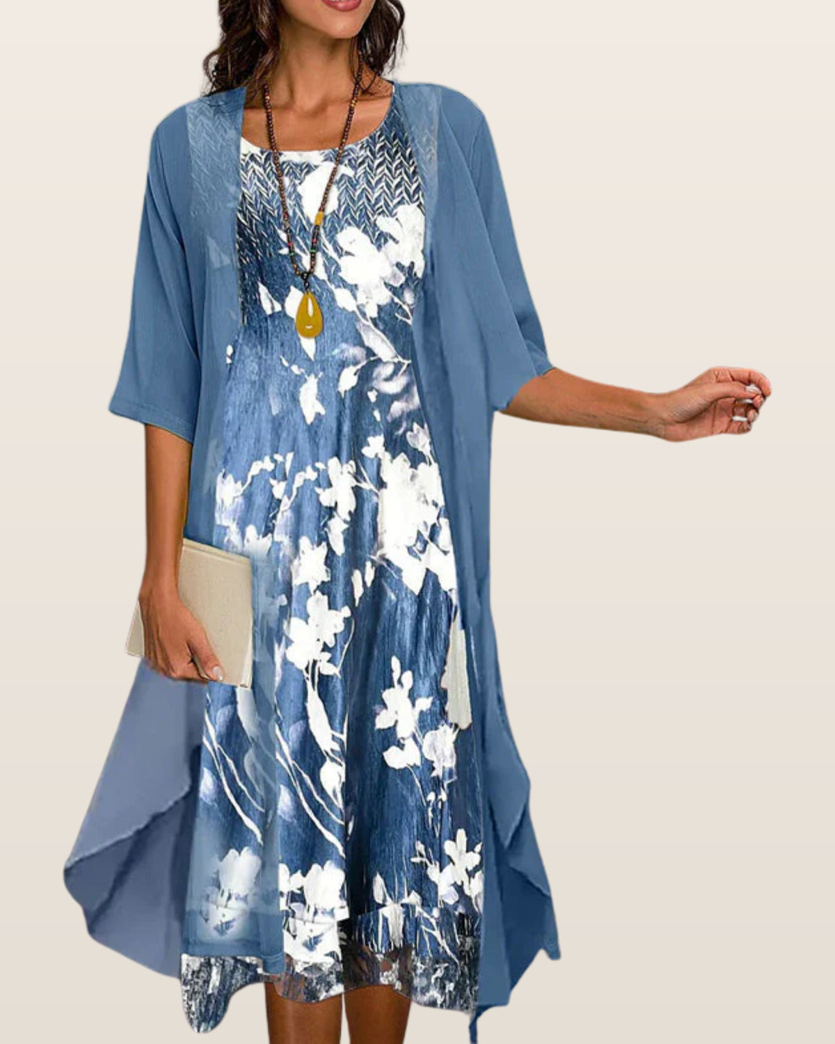 Adeline | Floral Midi Dress and Sheer Duster Two Piece Layered Elegant Set