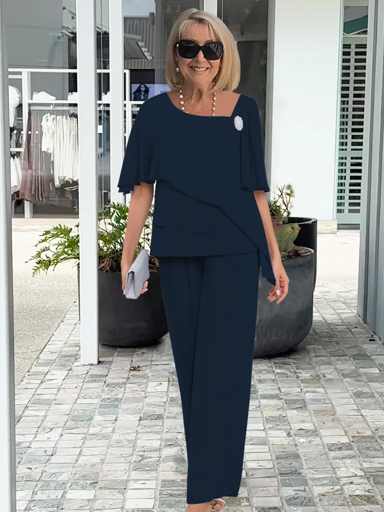 Caroline | Elegant Wide Sleeve and Trouser Set – Navy Blue