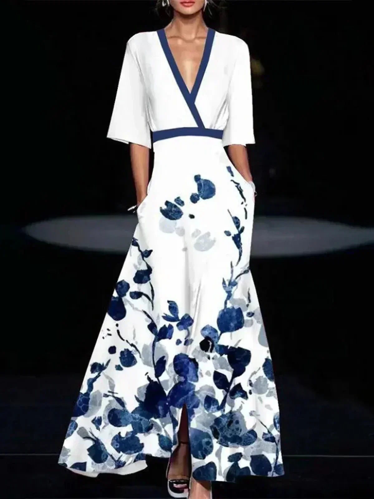 Barbara | Elegant Flower Dress – White-Blue