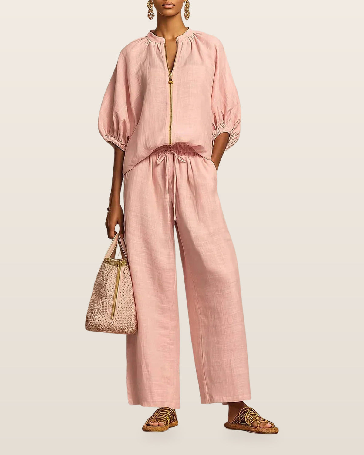 Amélie | Effortless Linen Zip Two-Piece Set – Pink