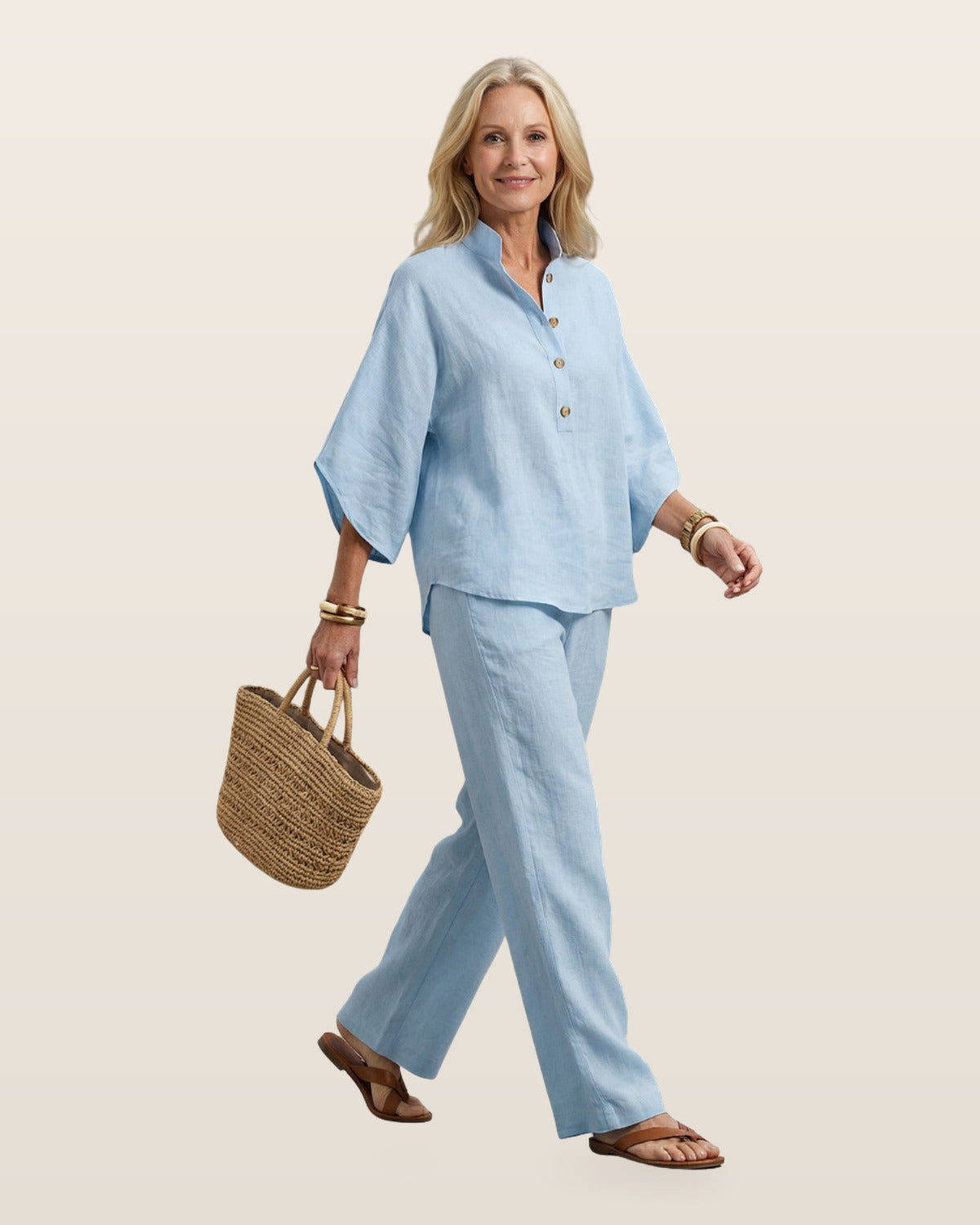 Amity | Button Front Relaxed Tunic Trouser Set – Sky Blue