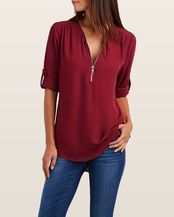 Ariana | Sleek Zip-Front V-Neck Blouse