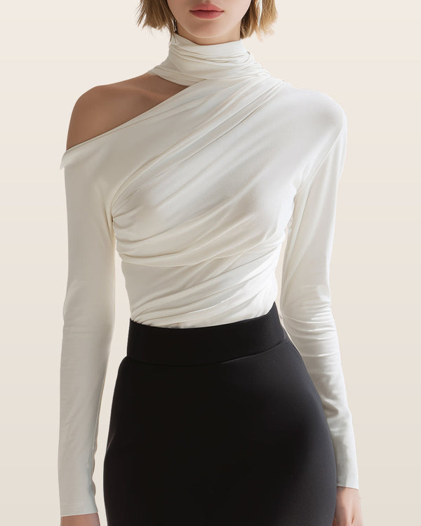 Asymmetric Draped High-Neck Long Sleeve Top