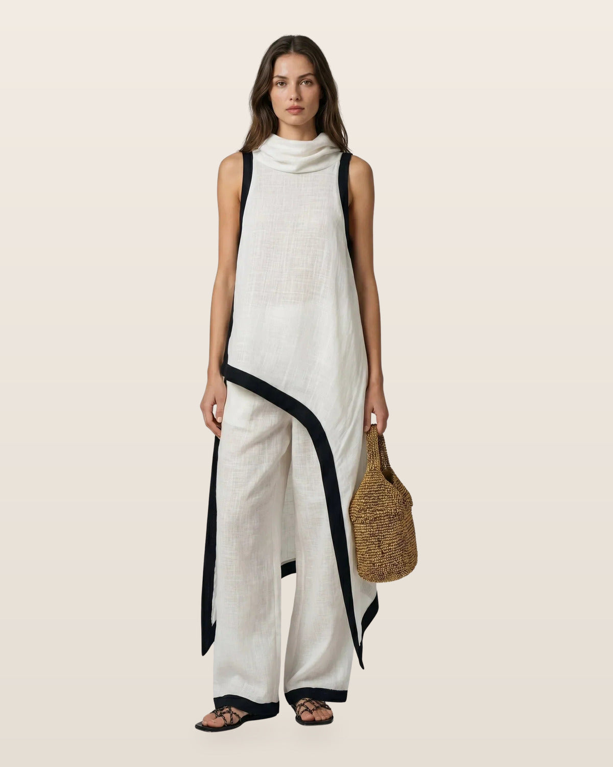 Asymmetric Linen Two-Piece Set – White