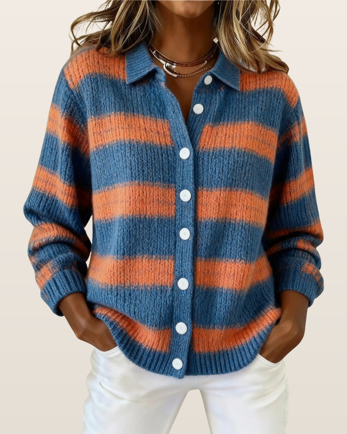 Avonelle | Striped Knitted Cardigan – Terracotta & Blue