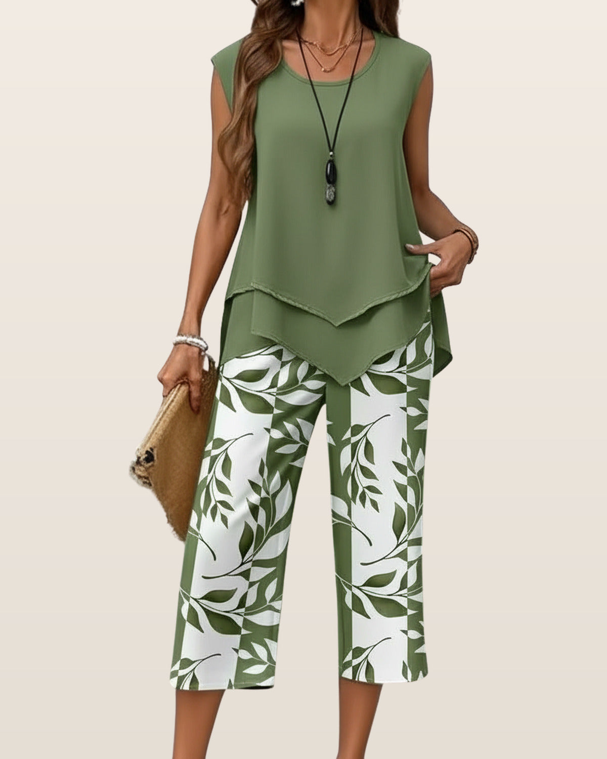 Avy | Casual Leaf Print Two-Piece Set – Green