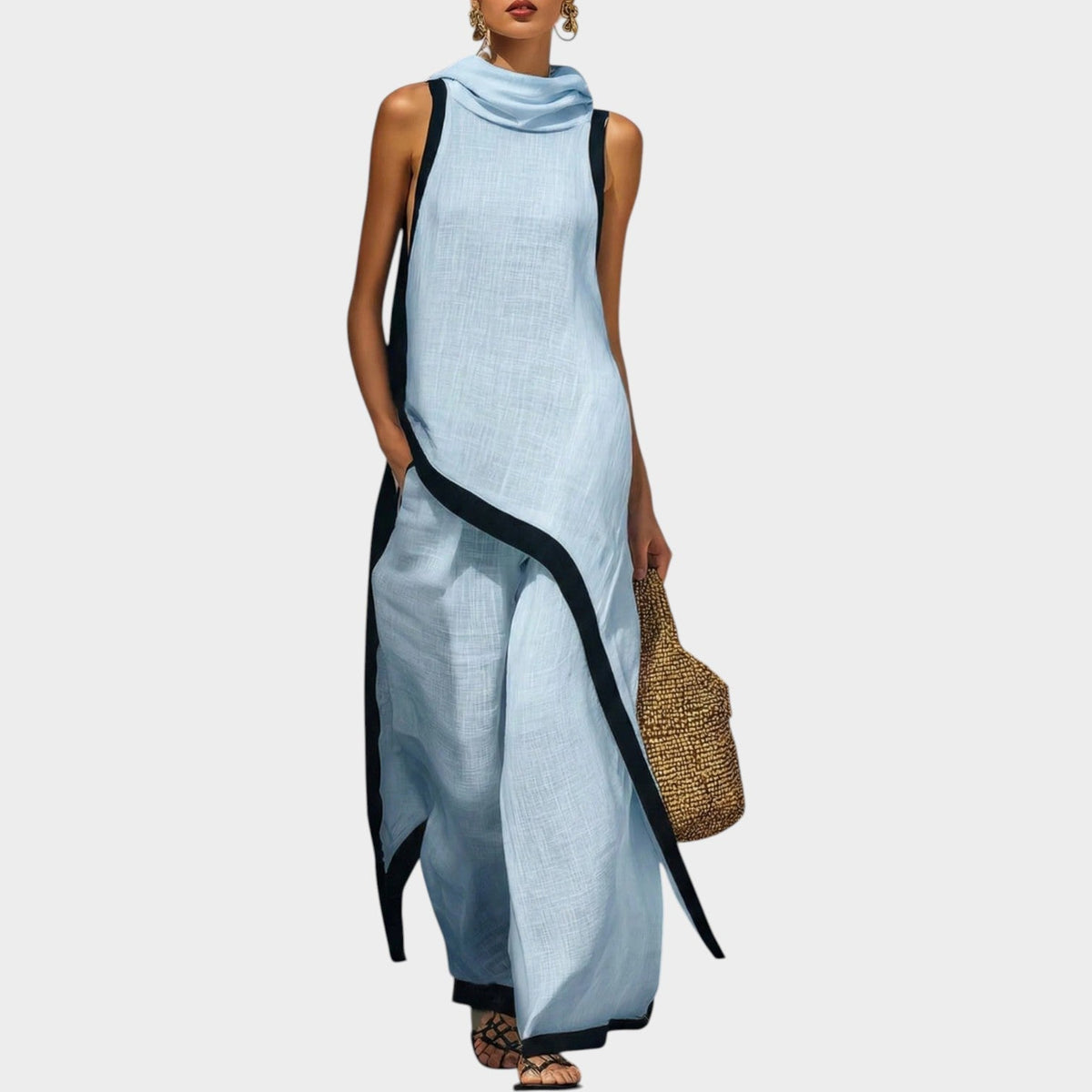Asymmetric Linen Two-Piece Set – Blue