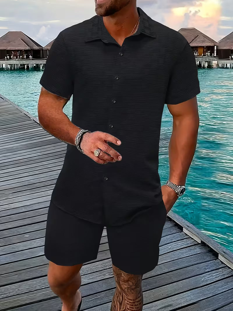 Cedric | Classic Button Shirt and Shorts Summer Set – Black