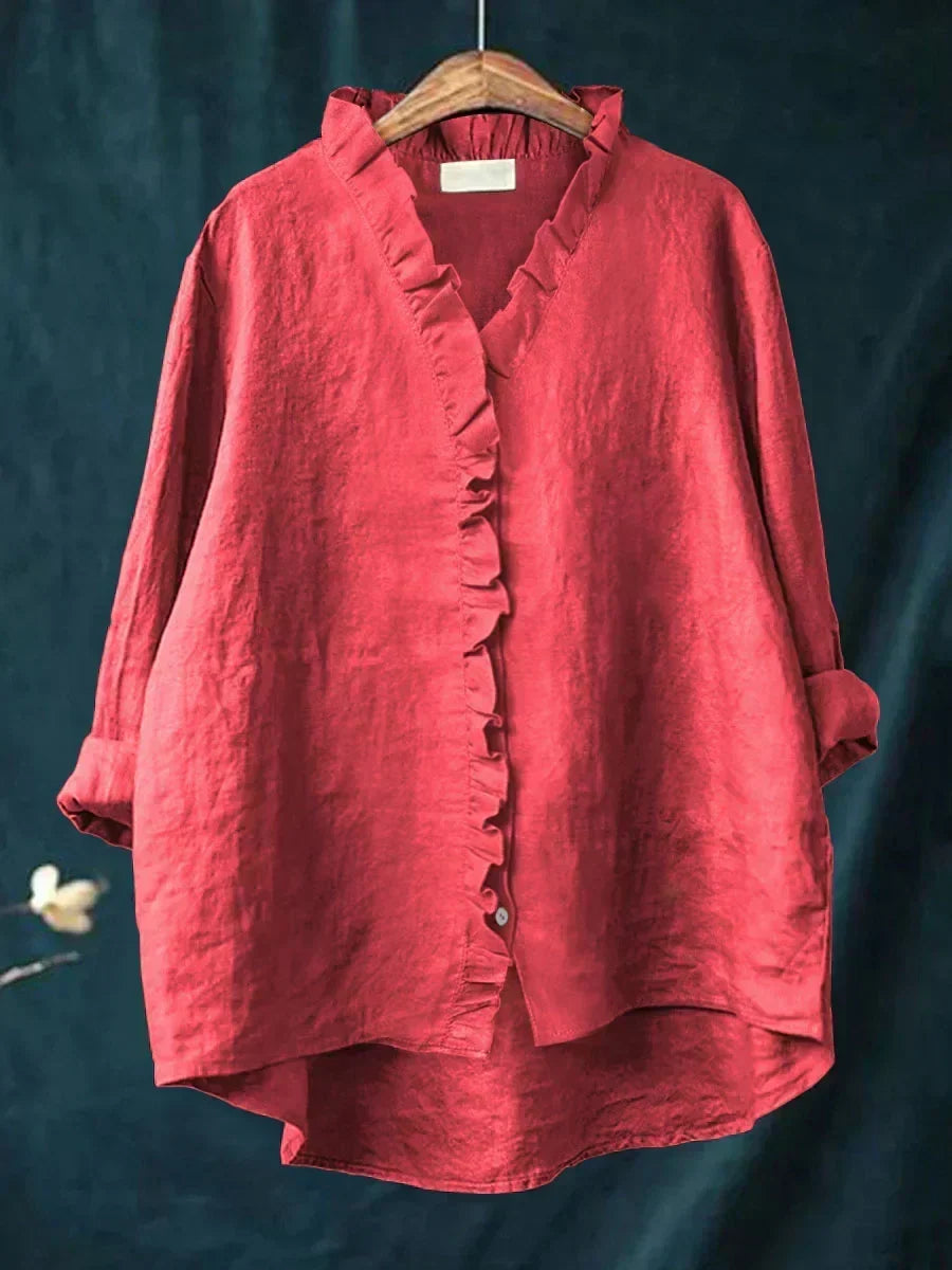 Cecily | Casual Ruffle V-Neck Blouse – Red