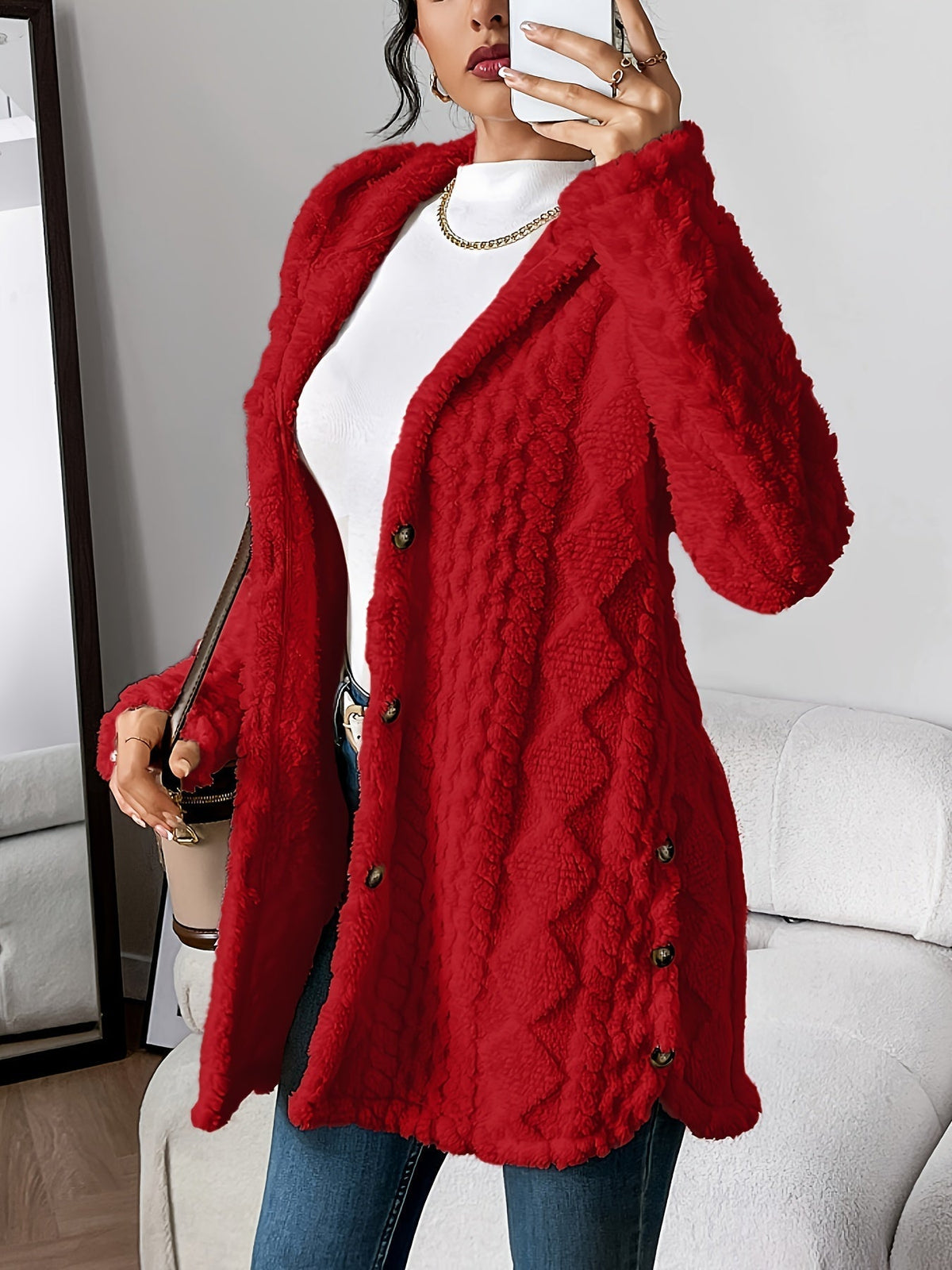 Aubrey | Cozy Hooded Knit Cardigan – Red