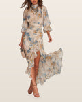 Beige Turtleneck Oil Painting Floral Print Irregular Chiffon Maxi Dress