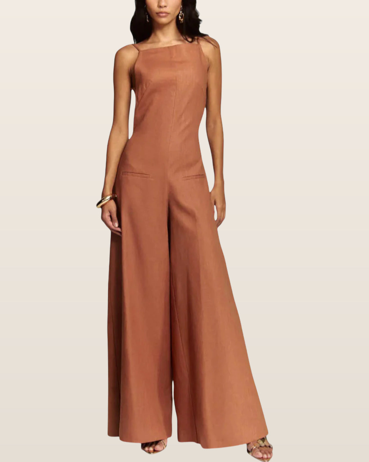 Belén Ramie Wide-Leg Halter Jumpsuit with Straight Neckline