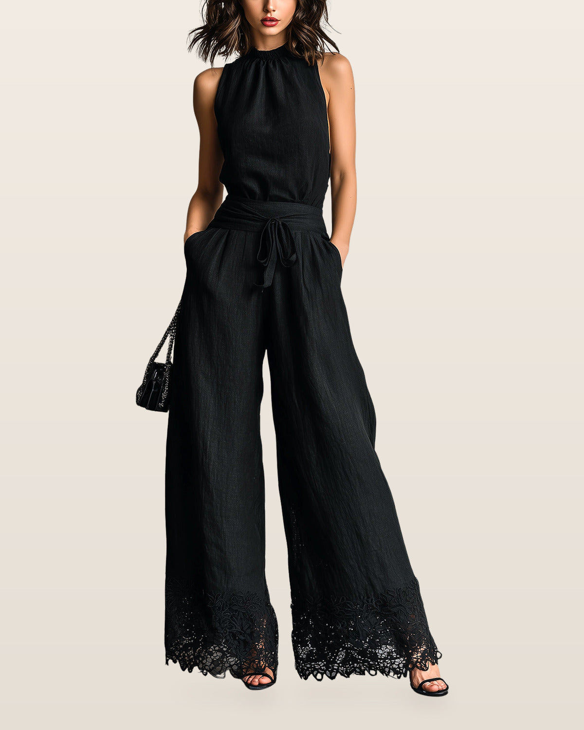 Black Lace-trimmed Wide-leg Pants Set – Black