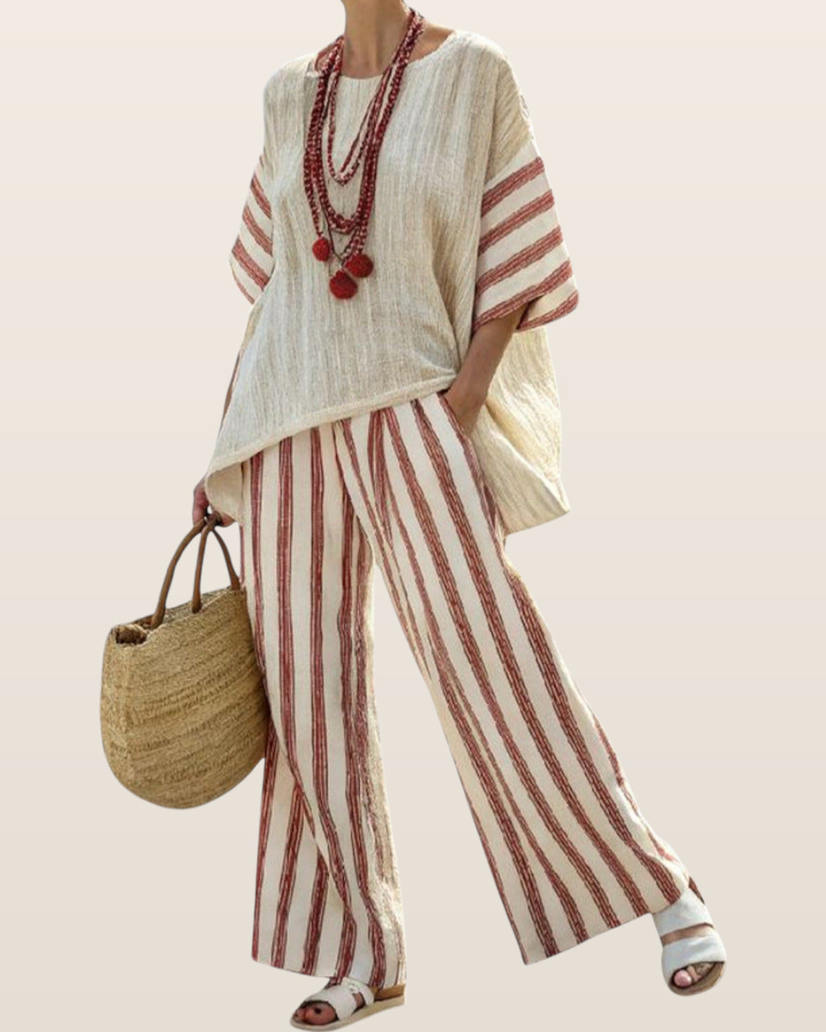 Braelith | Elegant Rustic Striped Top & Cream Linen Pants