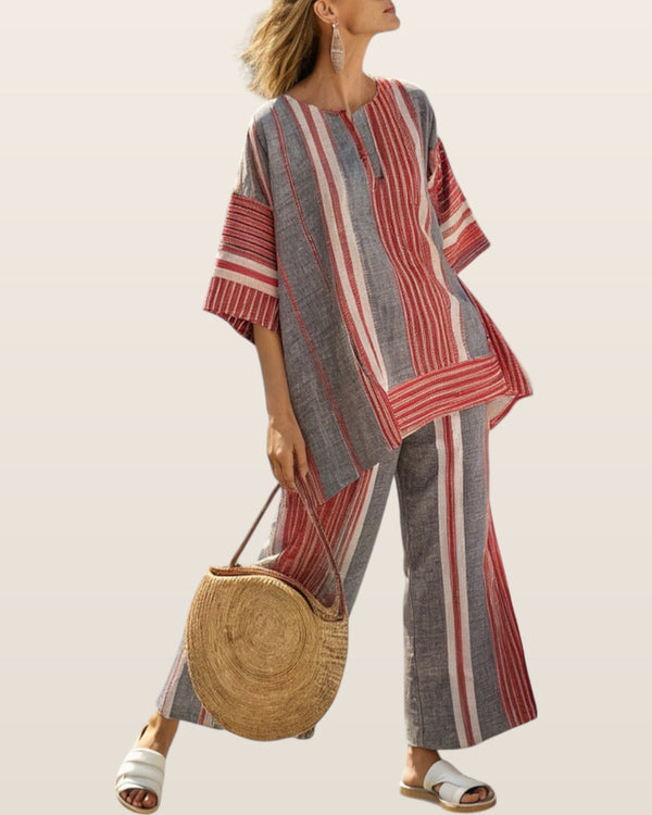 Bravine | Elegant Coral-Gray Linen Top & Wide-Leg Pants