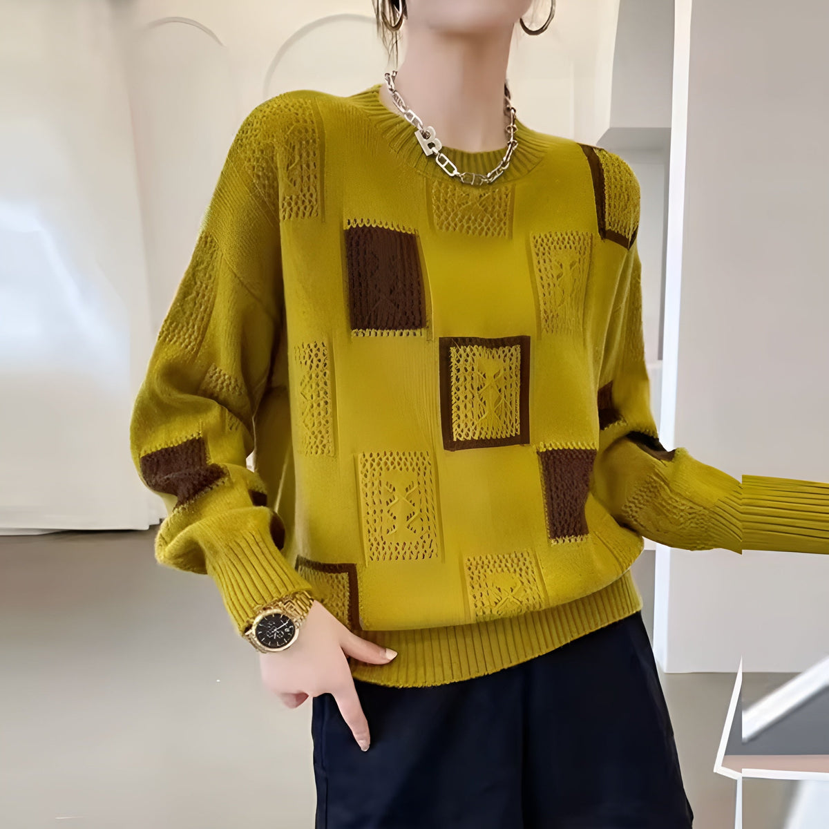 Avery | Geometric Patch Knit Sweater – Yellow