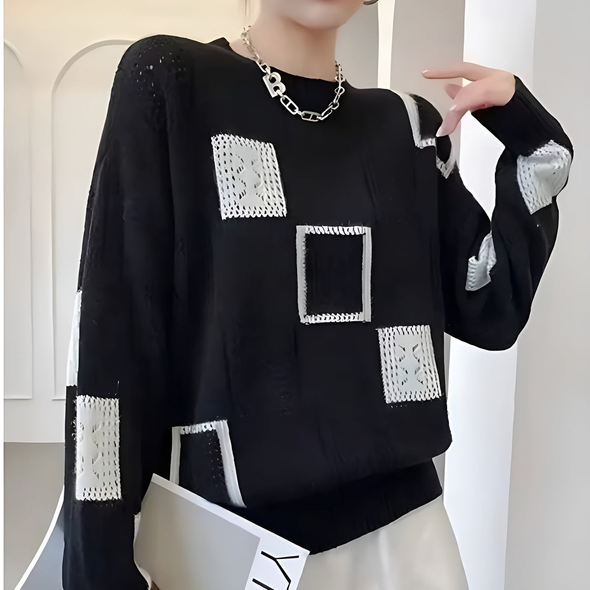 Avery | Geometric Patch Knit Sweater – Black
