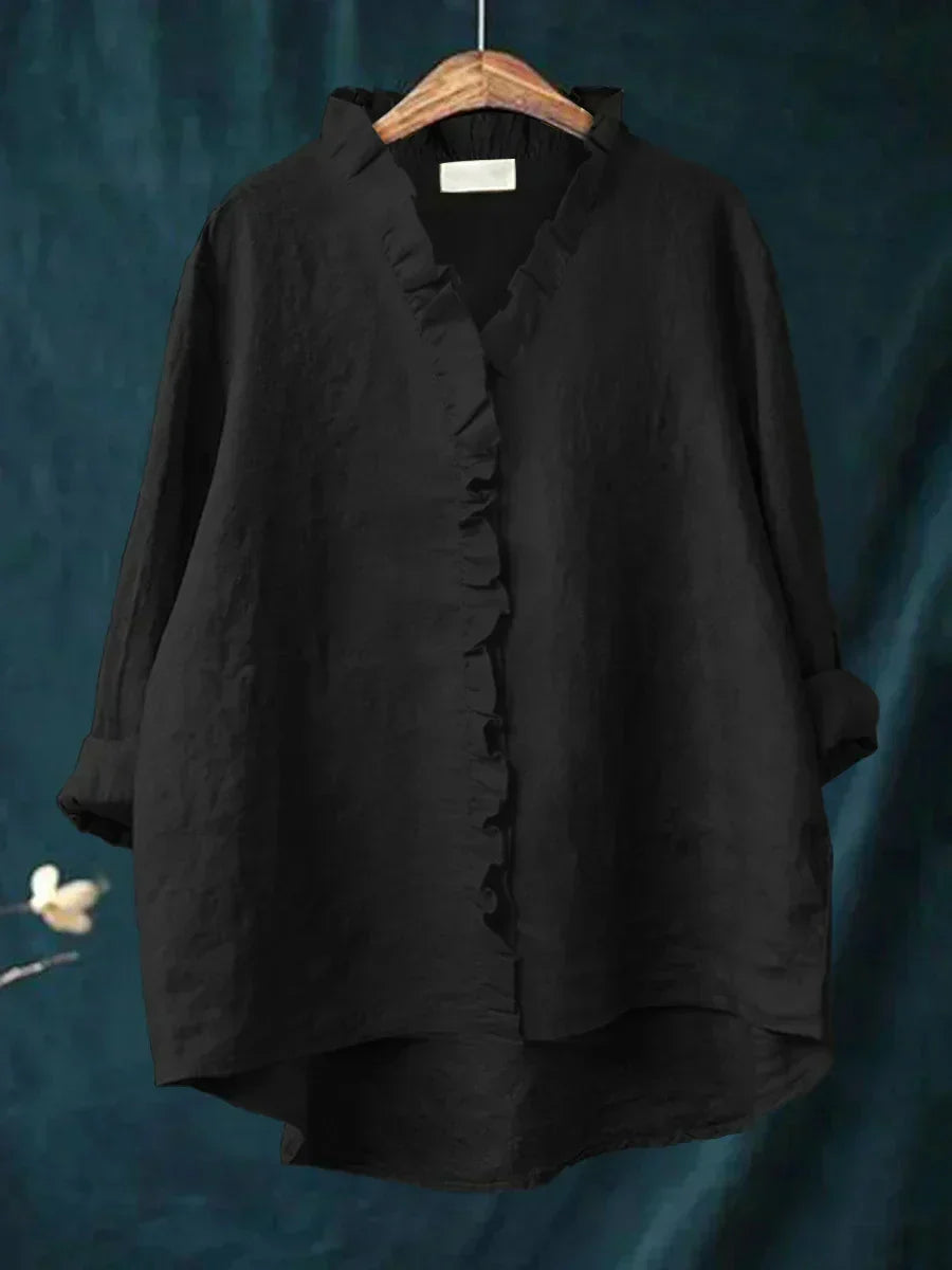Cecily | Casual Ruffle V-Neck Blouse – Black