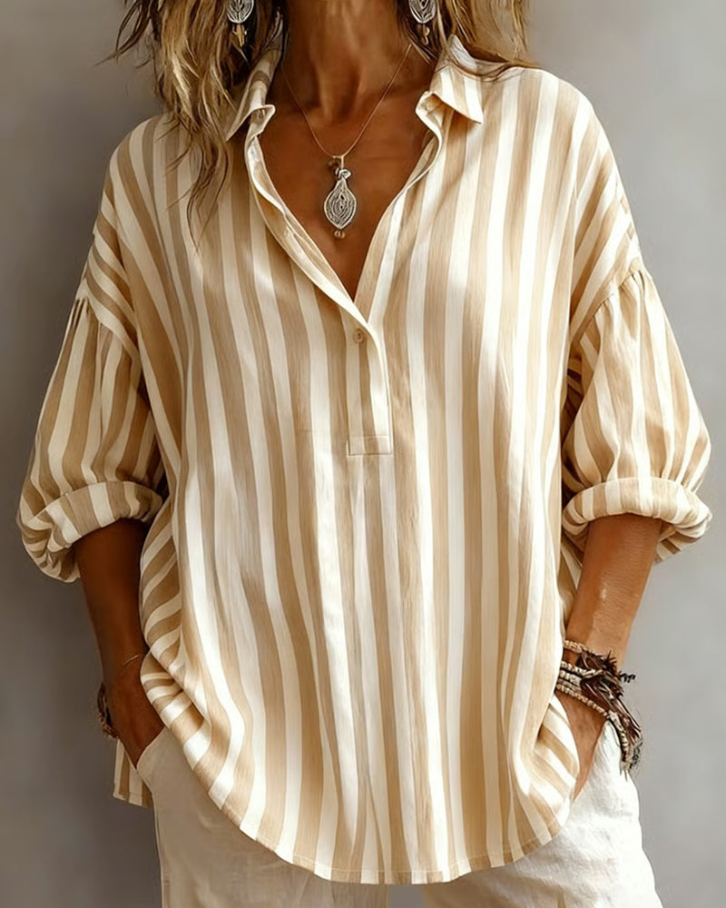 Nora | Loose Striped Blouse with Collar – Beige