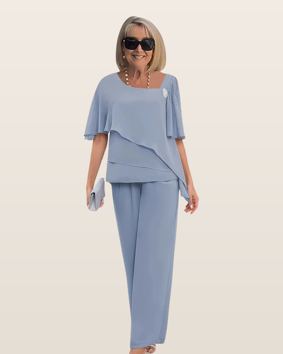 Caroline | Elegant Wide Sleeve and Trouser Set – Light Blue