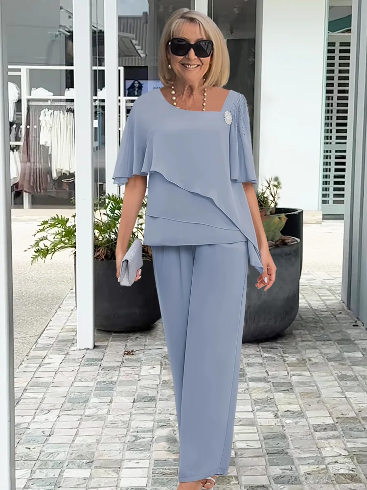 Caroline | Elegant Wide Sleeve and Trouser Set – Light Blue