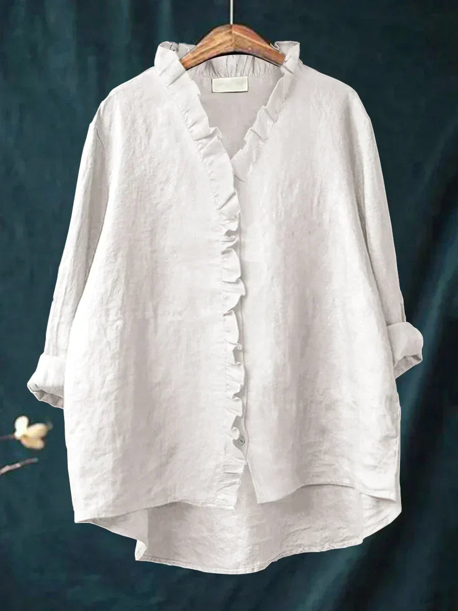 Cecily | Casual Ruffle V-Neck Blouse – White