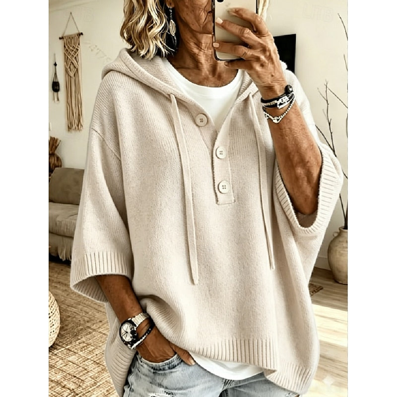 Camryn | Relaxed Hooded Button Sweater – Off White