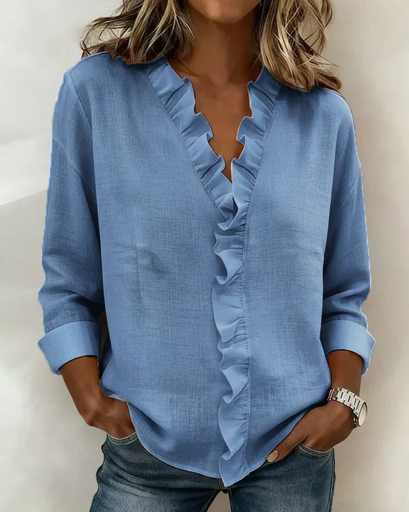 Cayla | Elegant V-neck Ruffles Blouse – Blue
