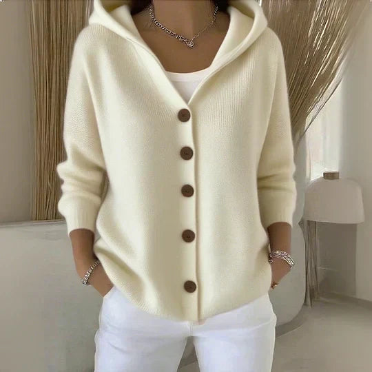 Darienne | Hooded Button-Up Knit Cardigan – Beige