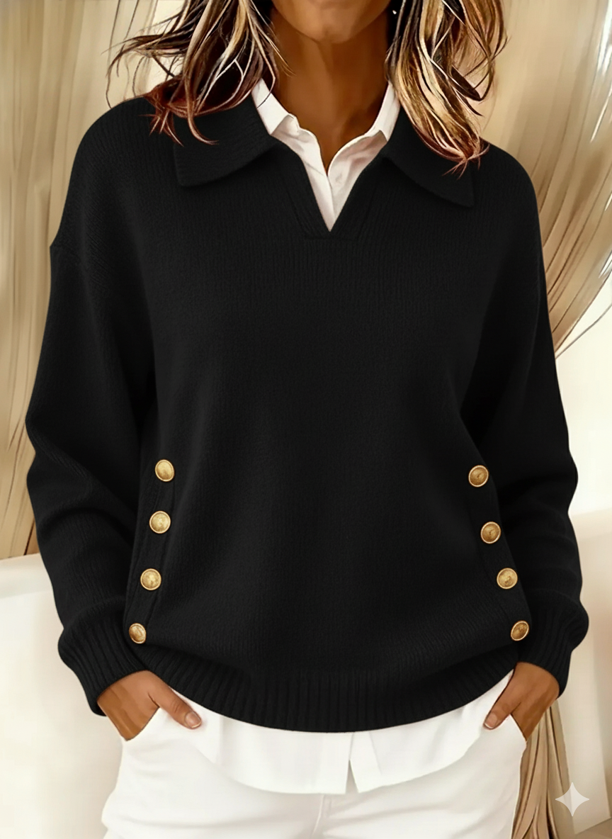 Vynette | V-Neck Sweater with Collar – Black