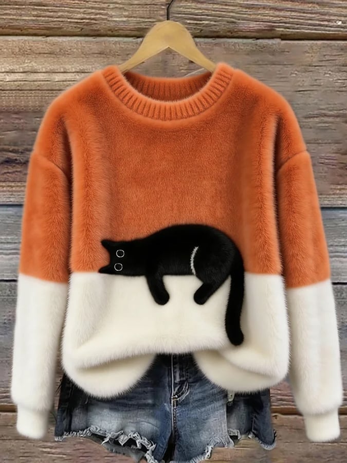 Aileen | Elegant Cat Print Oversized Sweater – Orange