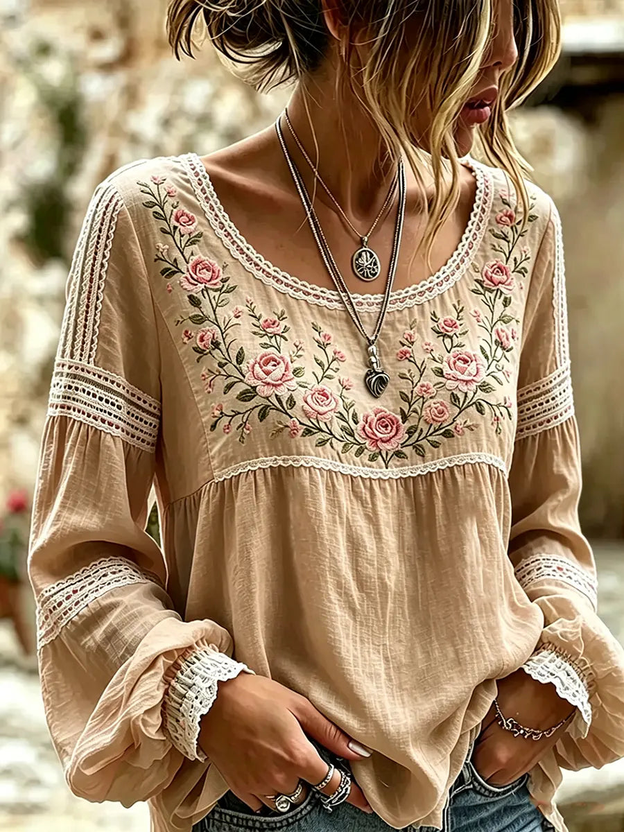 Amabel | Boho Floral Embroidered Blouse