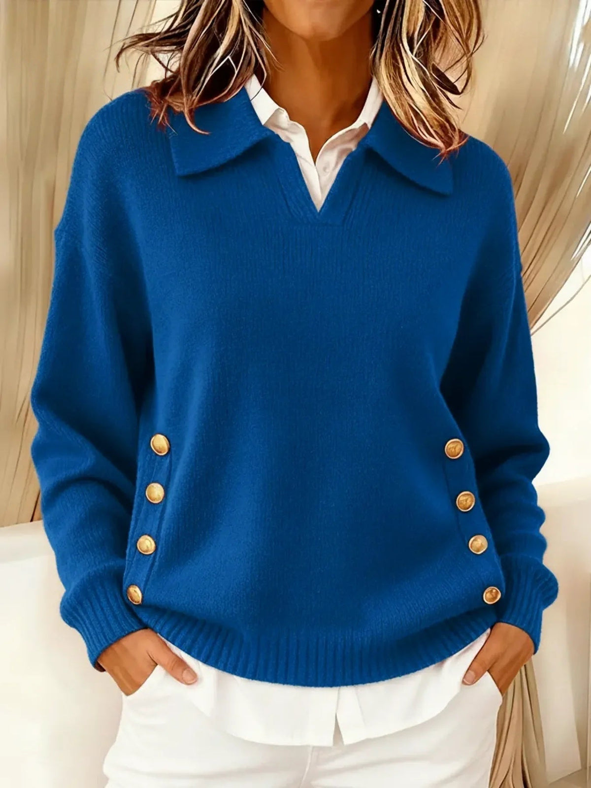 Vynette | V-Neck Sweater with Collar – Blue