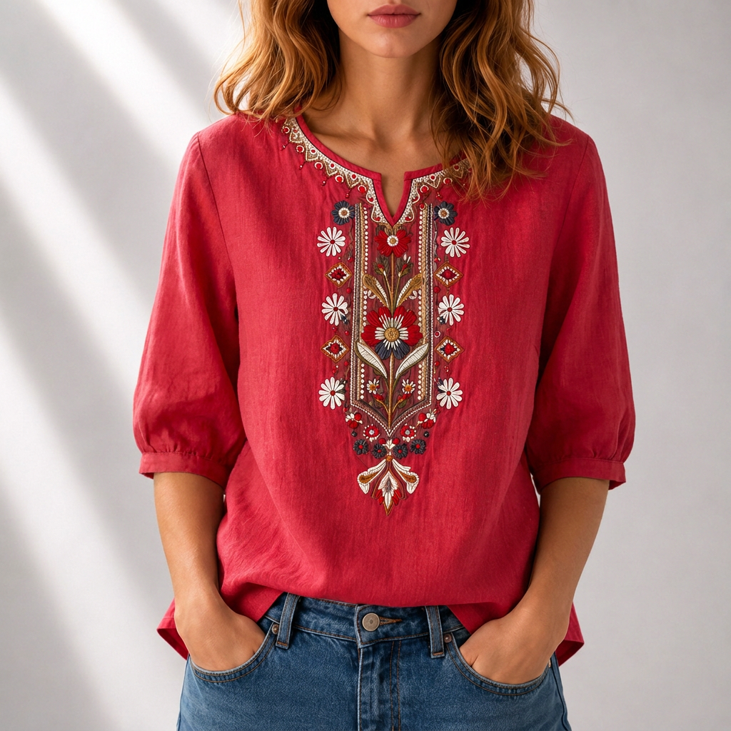 Cordelia | Artisan Embroidered Blouse – Brick Red