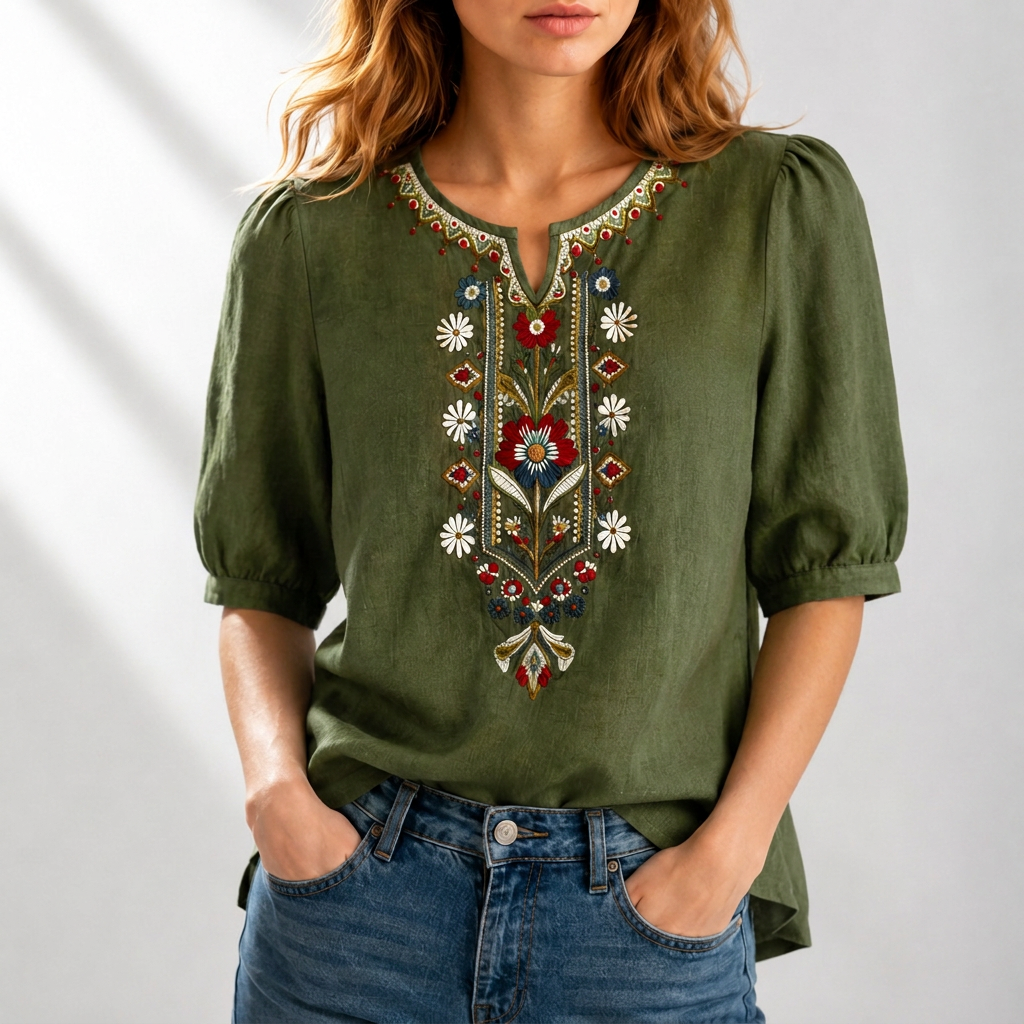 Cordelia | Artisan Embroidered Blouse – Olive