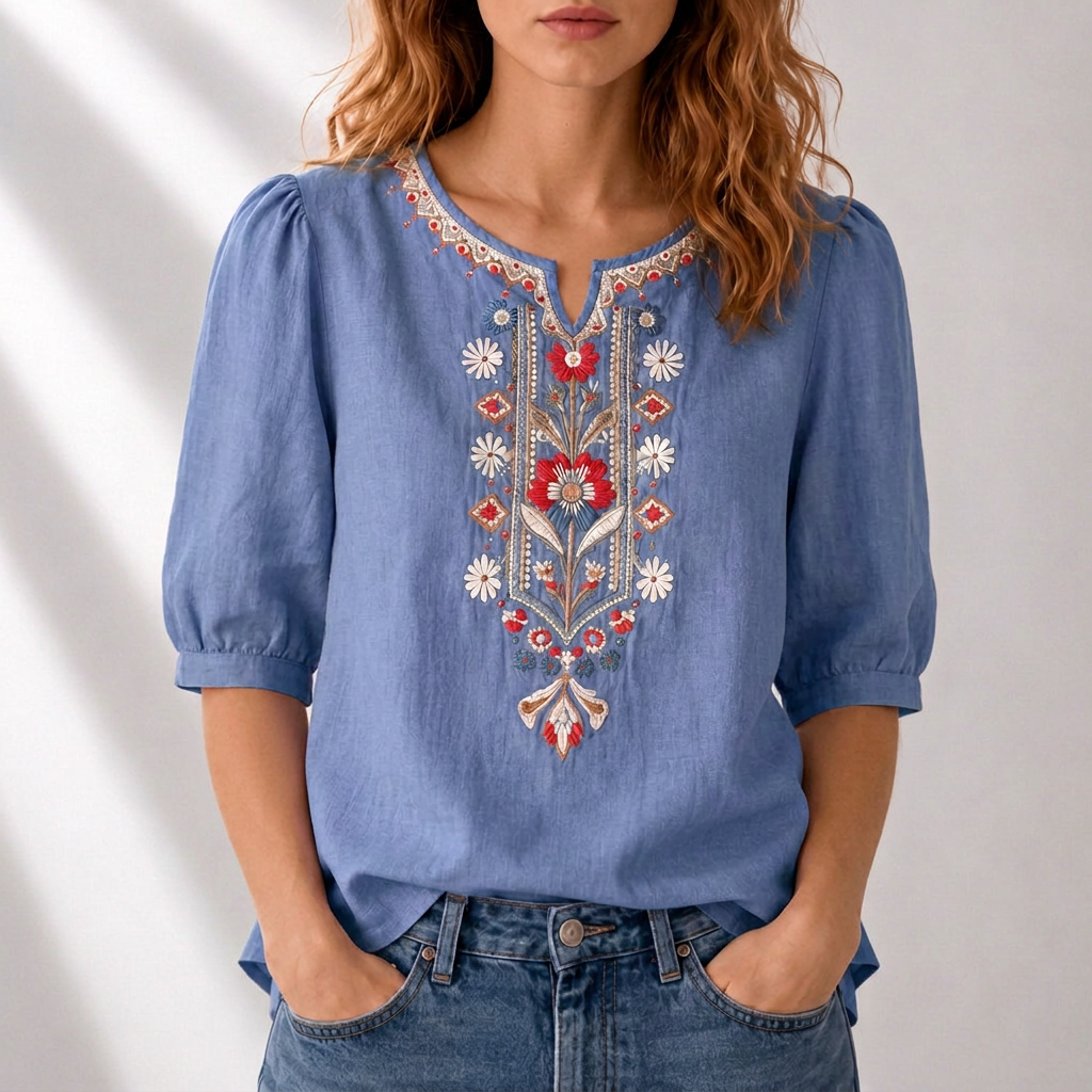 Cordelia | Artisan Embroidered Blouse – Denim Blue
