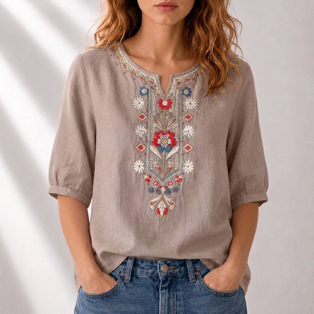 Cordelia | Artisan Embroidered Blouse – Dark Khaki