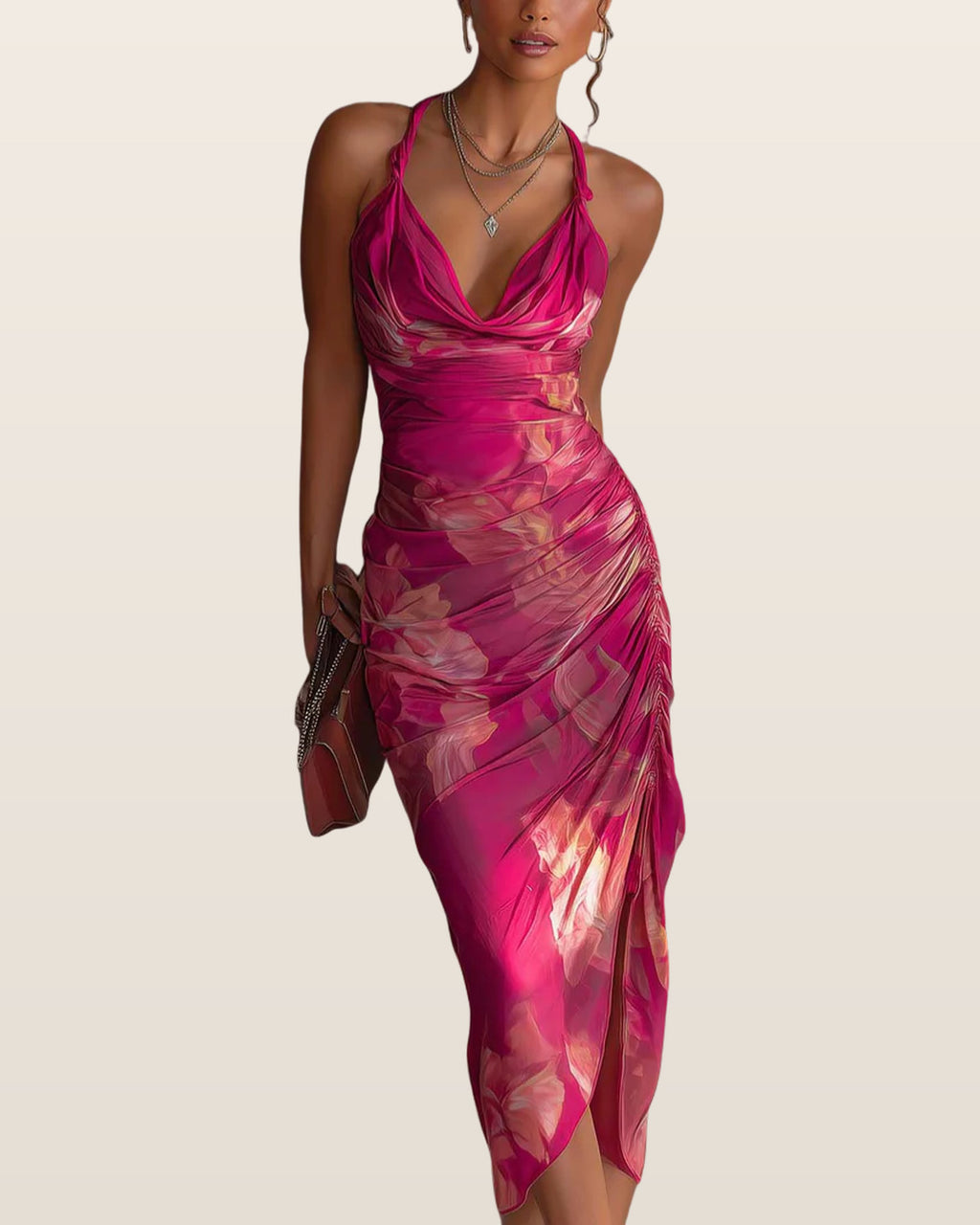 Fuchsia Floral Print Sleeveless Ruched Side Split Bodycon Dress