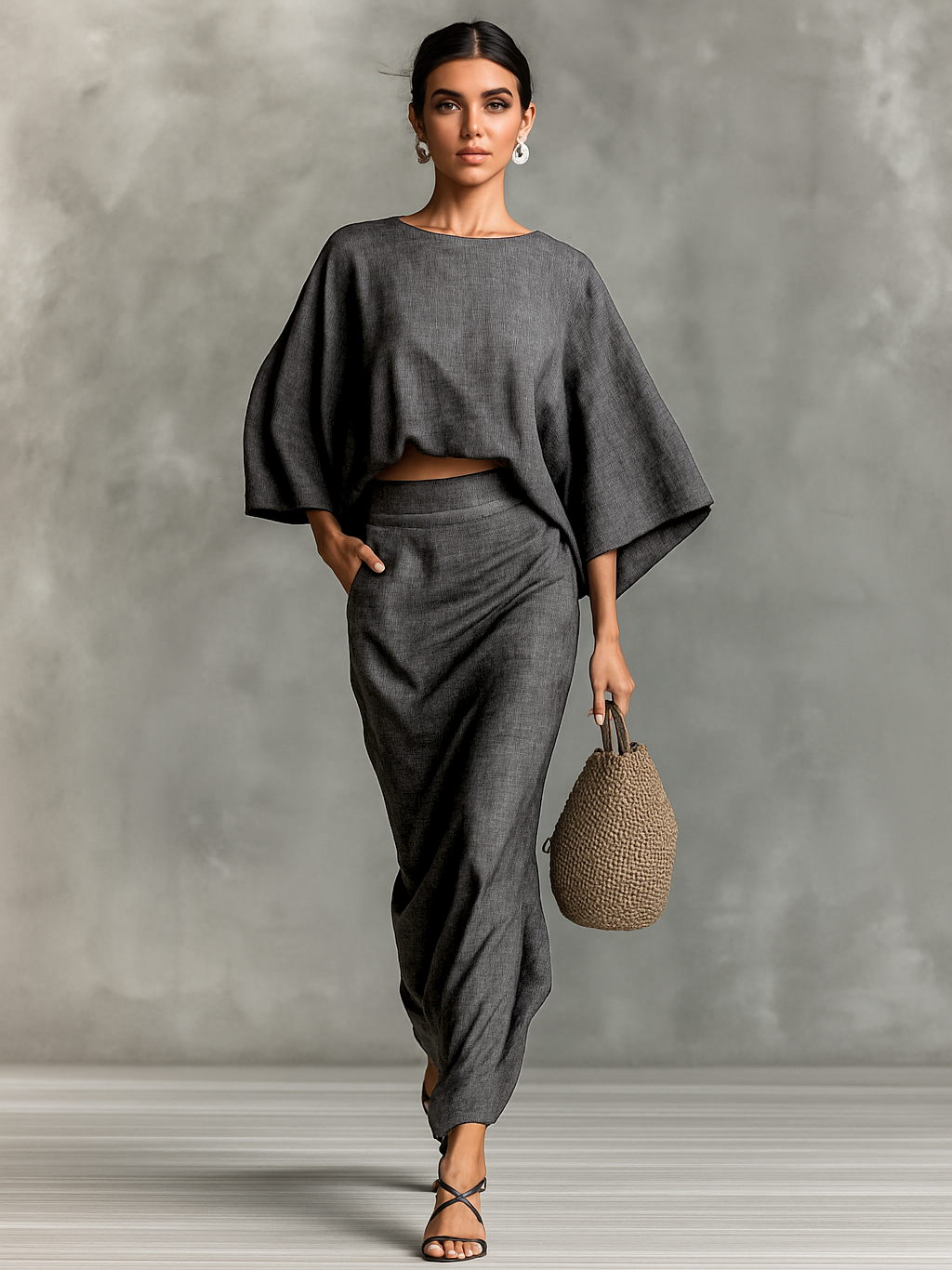 Selene | Soft Batwing Top and Maxi Skirt Two-Piece Set – Dark Gray