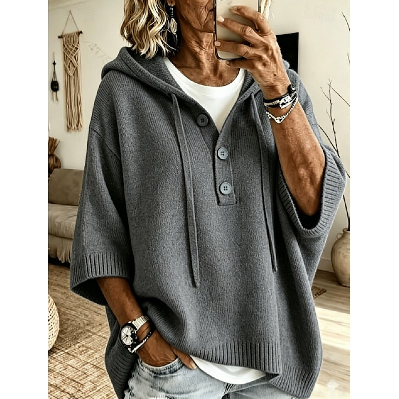 Camryn | Relaxed Hooded Button Sweater – Gray