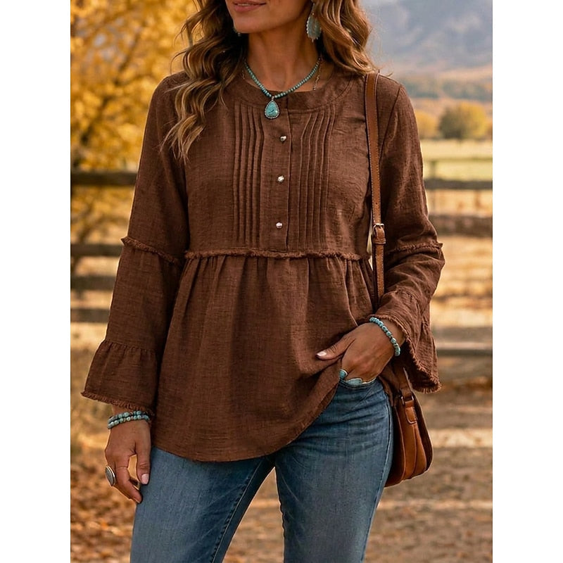 Cassandra | Pleated Peplum Blouse – Brown