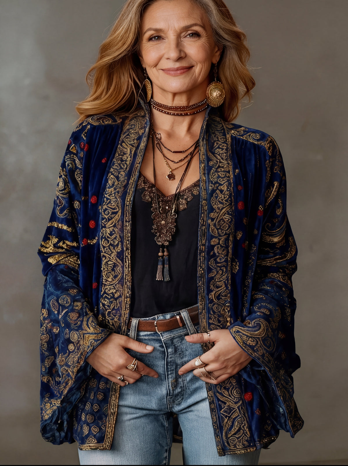 Amelie | Stylish Velvet-Touch Bohemian Cardigan – Midnight Blue