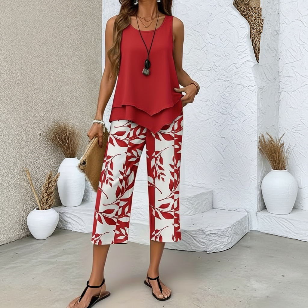 Avy | Casual Leaf Print Two-Piece Set – Red