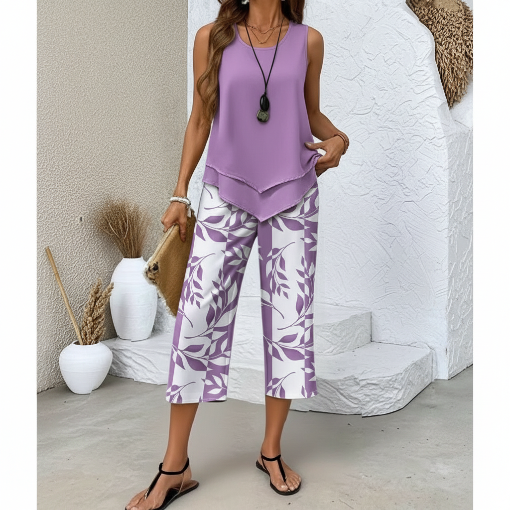 Avy | Casual Leaf Print Two-Piece Set