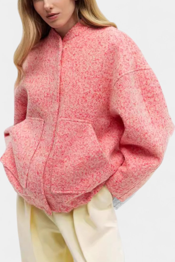 Amandine Short Baseball Jacket with 3D Embroidery and Ribbed Details – Pink