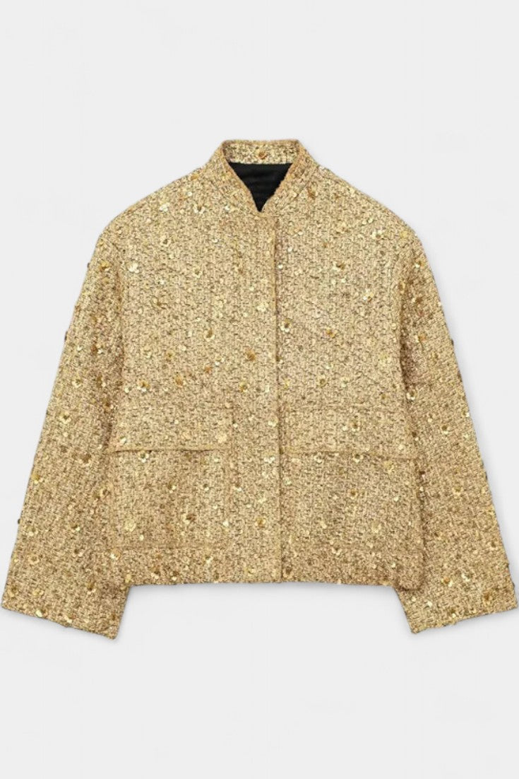 Alvera Textured Casual Jacket Featuring Practical Pockets – Gold